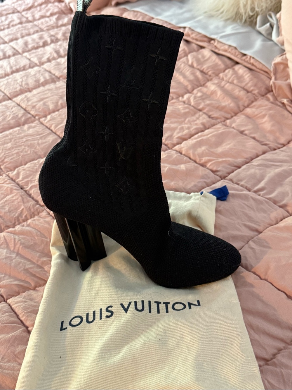 Louis Vuitton Black Knit Sock Boot with Sculpted Block Heel